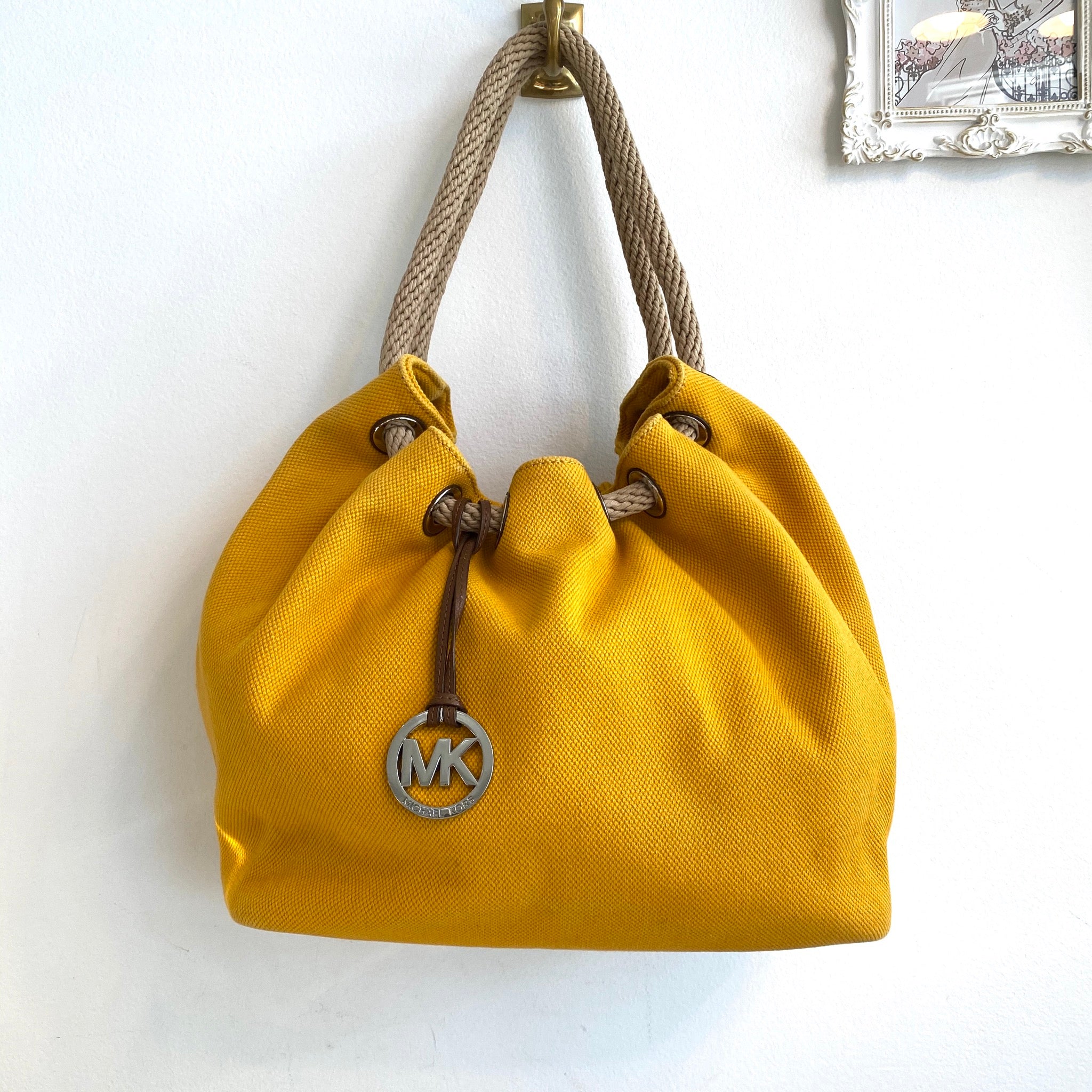 Authentic MICHAEL KORS Canvas Yellow Drawstring Hobo Handbag – Valamode
