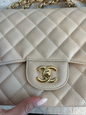 Authentic CHANEL Beige Clair Caviar Leather Jumbo Single Flap Bag – Valamode