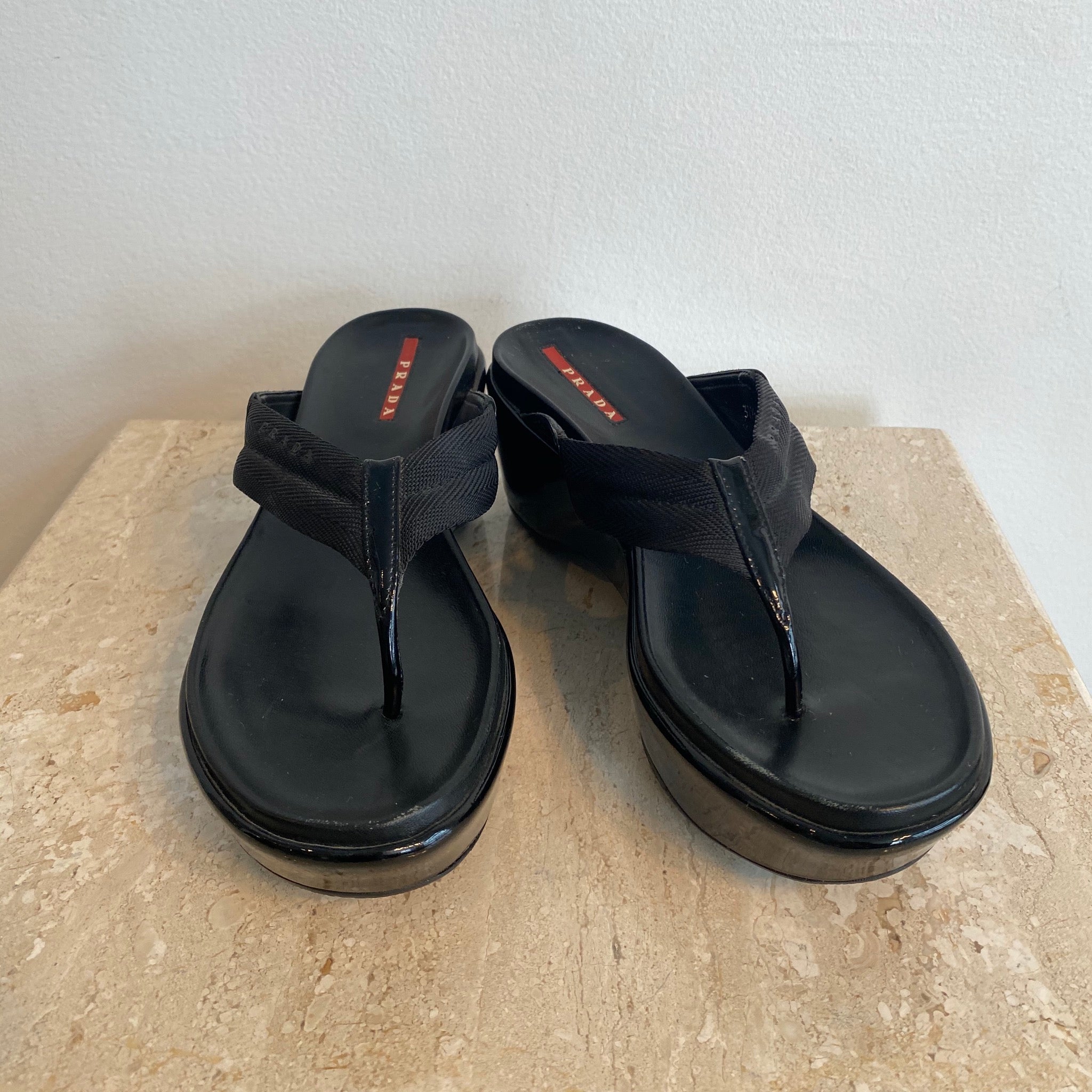 Authentic PRADA - Black Patent Leather/Fabric  - Wedge Flip Flop –  Valamode