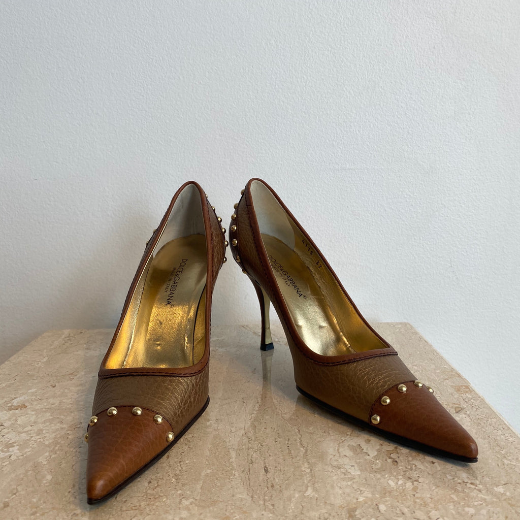 Authentic DOLCE & GABBANA Gold/Brown Studded Pumps - 7 – Valamode