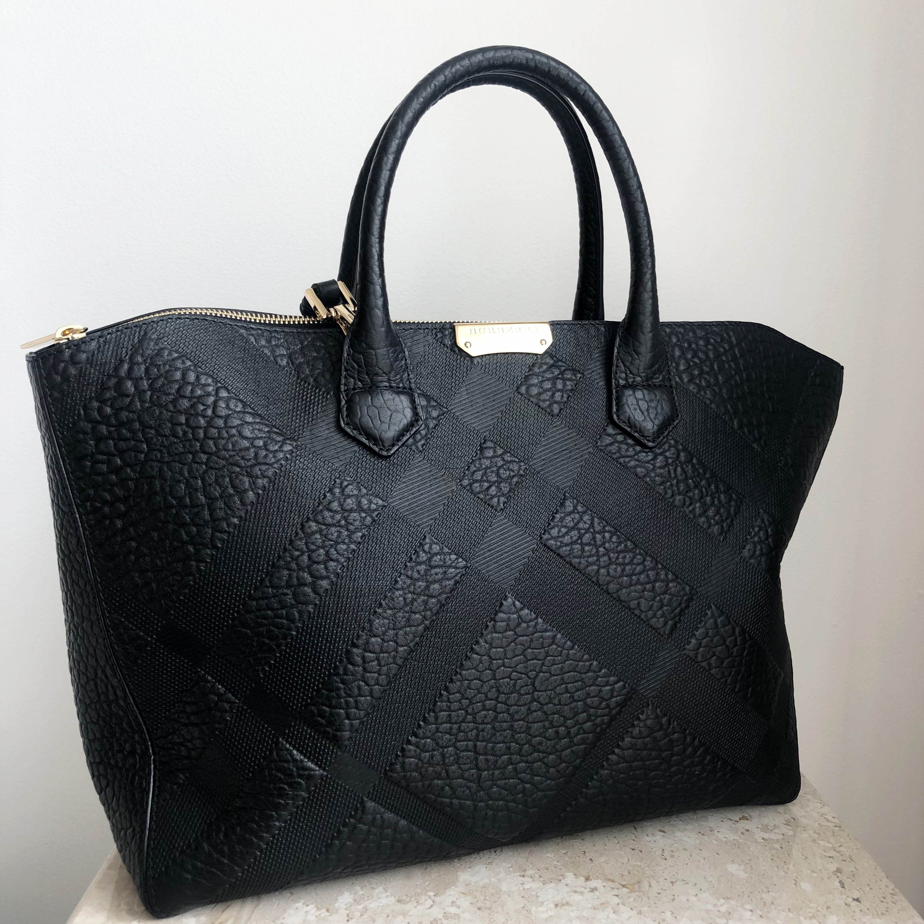 Authentic BURBERRY Dewberry Embossed Check Black Leather Tote – Valamode