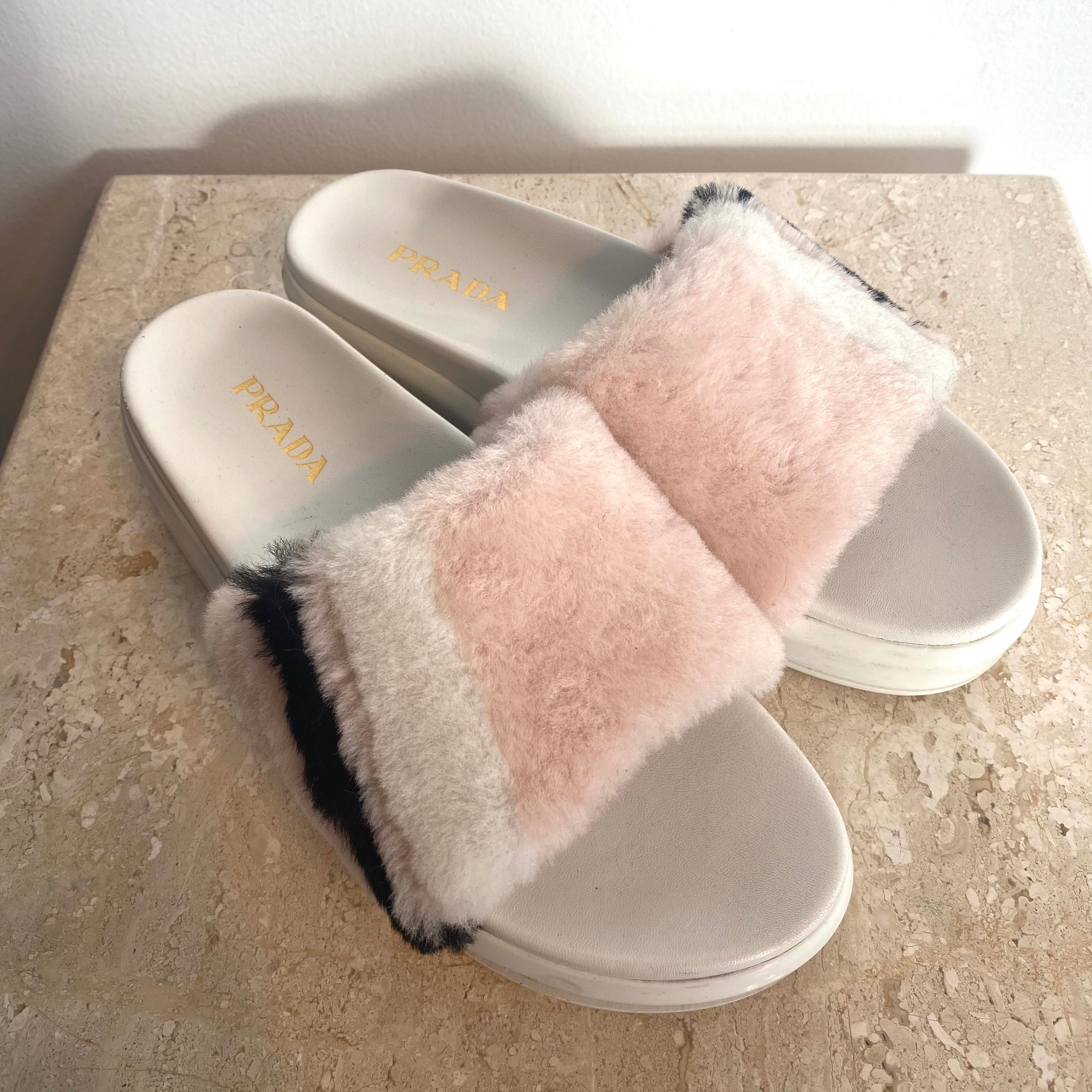 Authentic PRADA Faux Fur Slides - Size  – Valamode