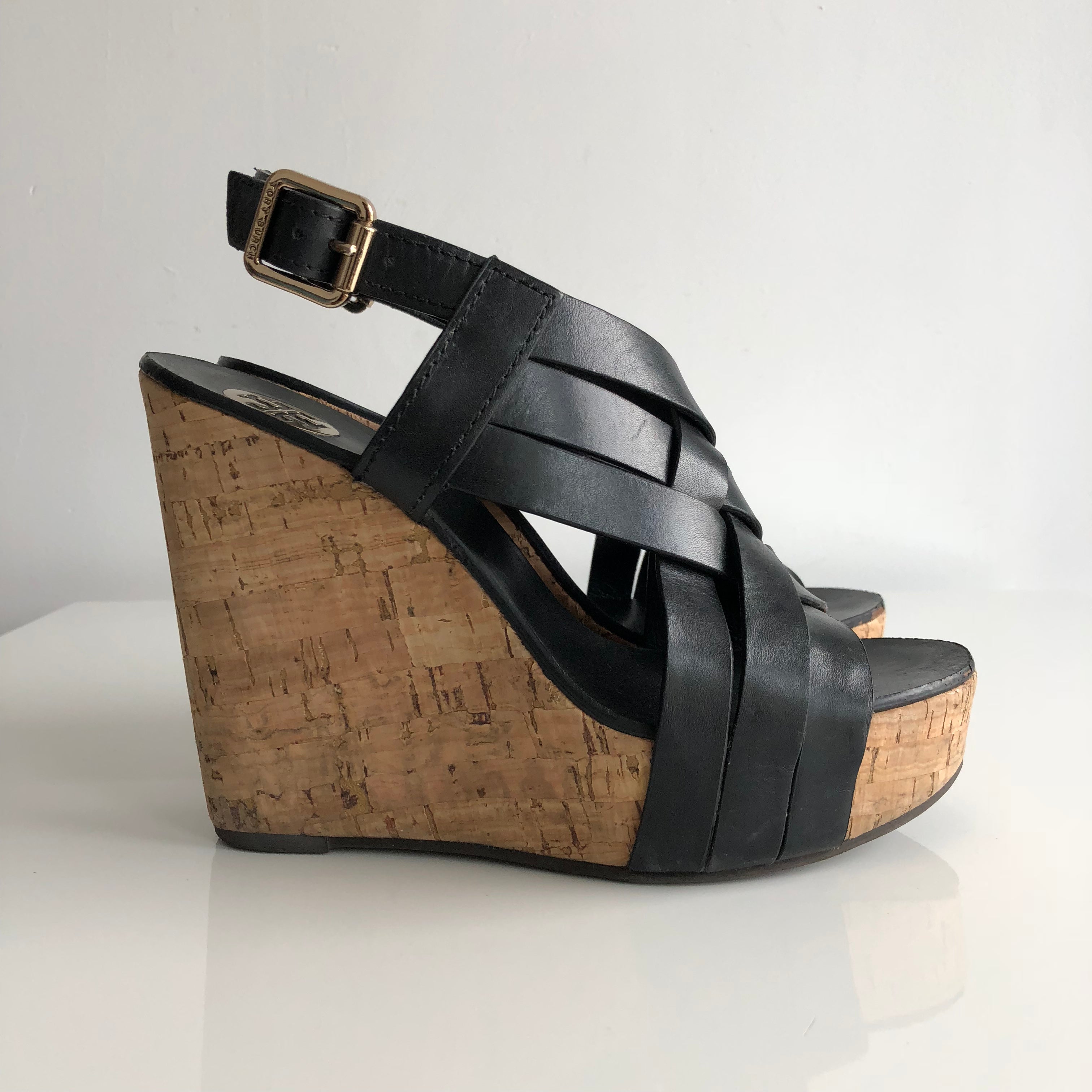 Authentic TORY BURCH Black Leather Wedges Size 7 – Valamode