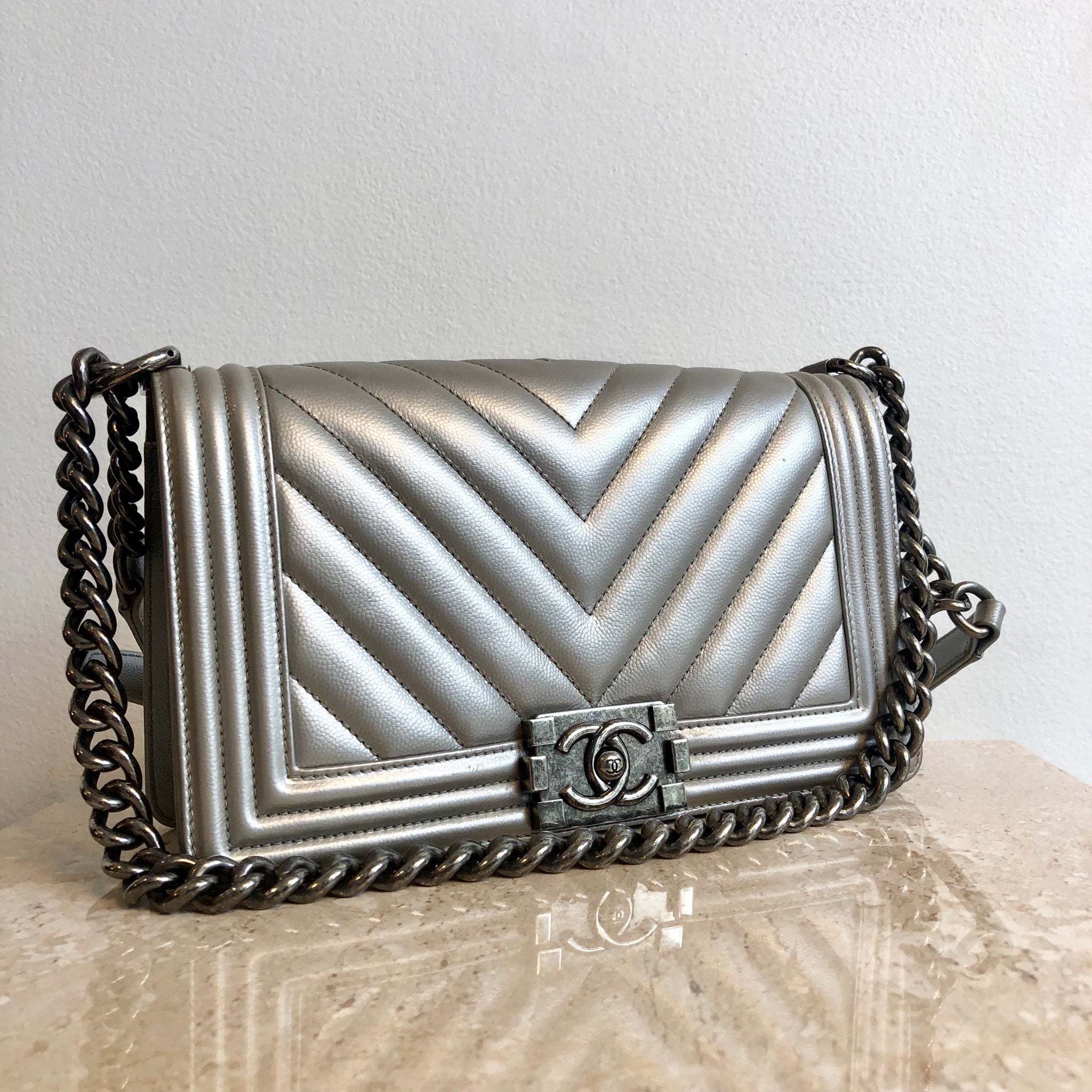 Chanel Silver Quilted Leather Medium Classic Double Flap Bag Chanel  TLC