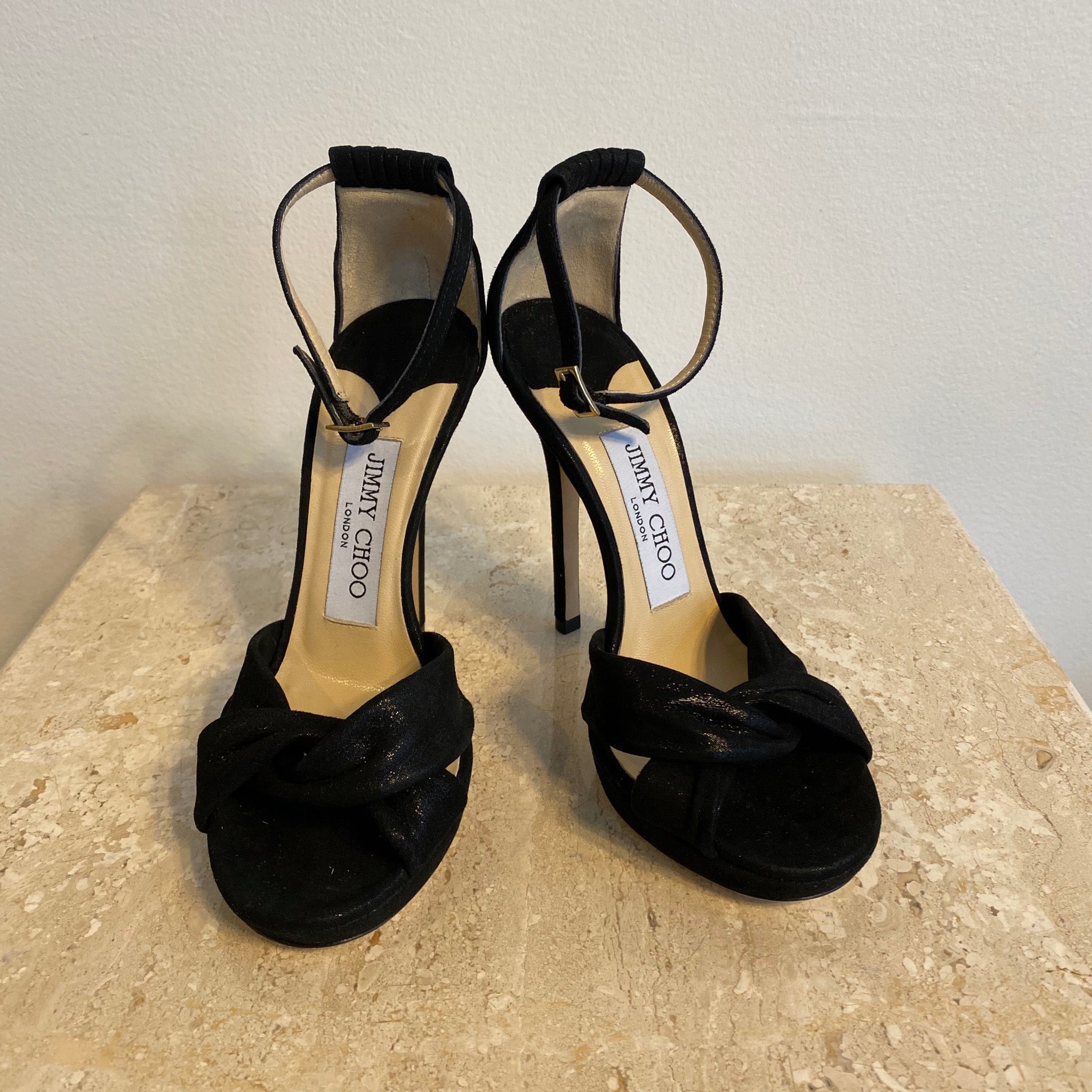 Authentic JIMMY CHOO Black Suede Anke Strap Sandal 34.5 – Valamode