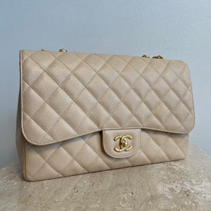 Authentic CHANEL Beige Clair Caviar Leather Jumbo Single Flap Bag – Valamode