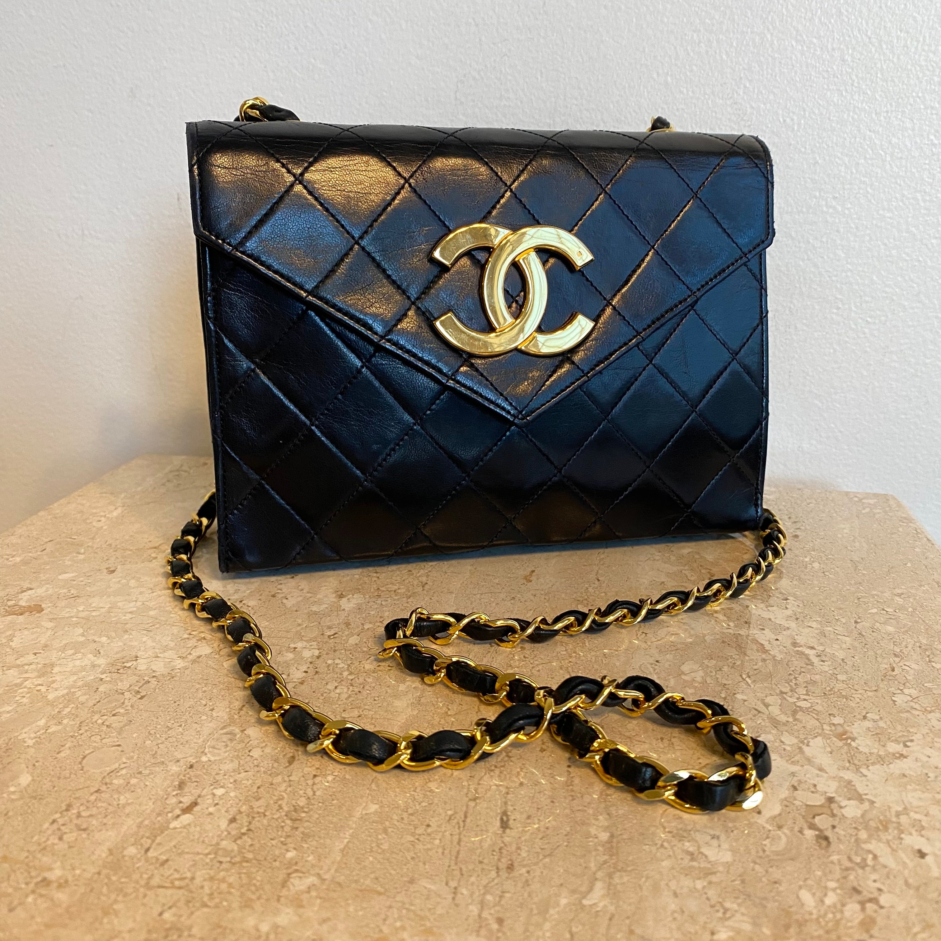 Chanel Vintage Black Quilted Canvas Envelope Flap Evening Bag Gold  Hardware 1990s Available For Immediate Sale At Sothebys