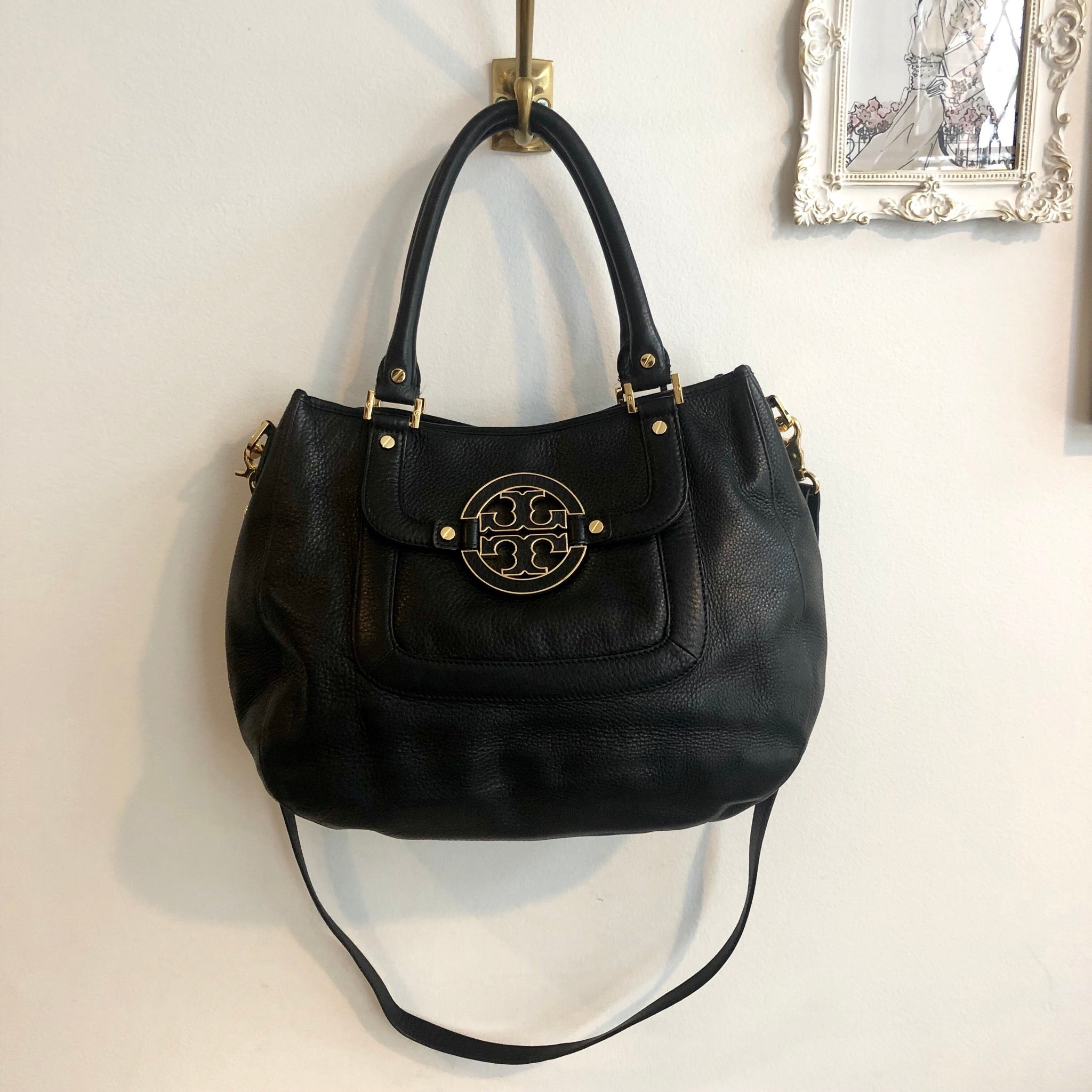 Authentic TORY BURCH Black Leather Logo Handbag With Strap – Valamode