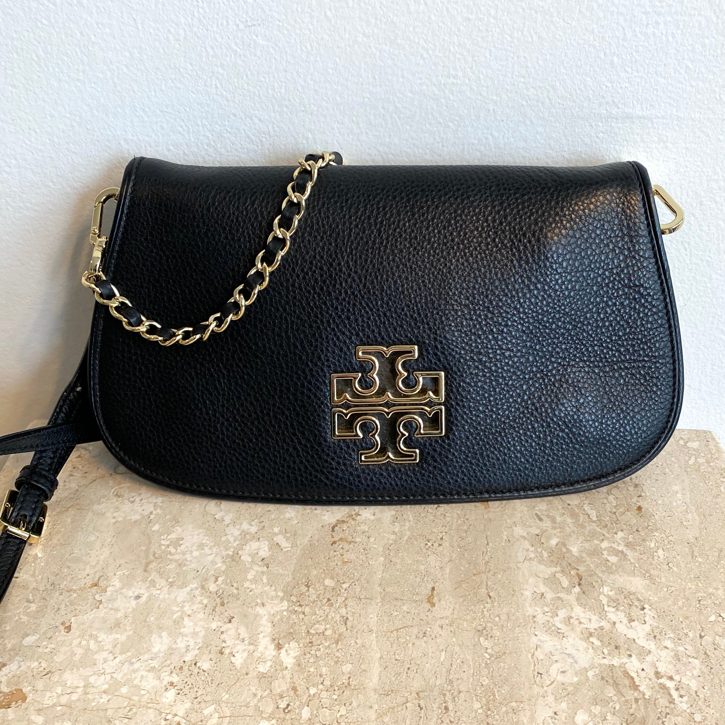 Authentic TORY BURCH Black Leather Britten Handbag/Clutch – Valamode