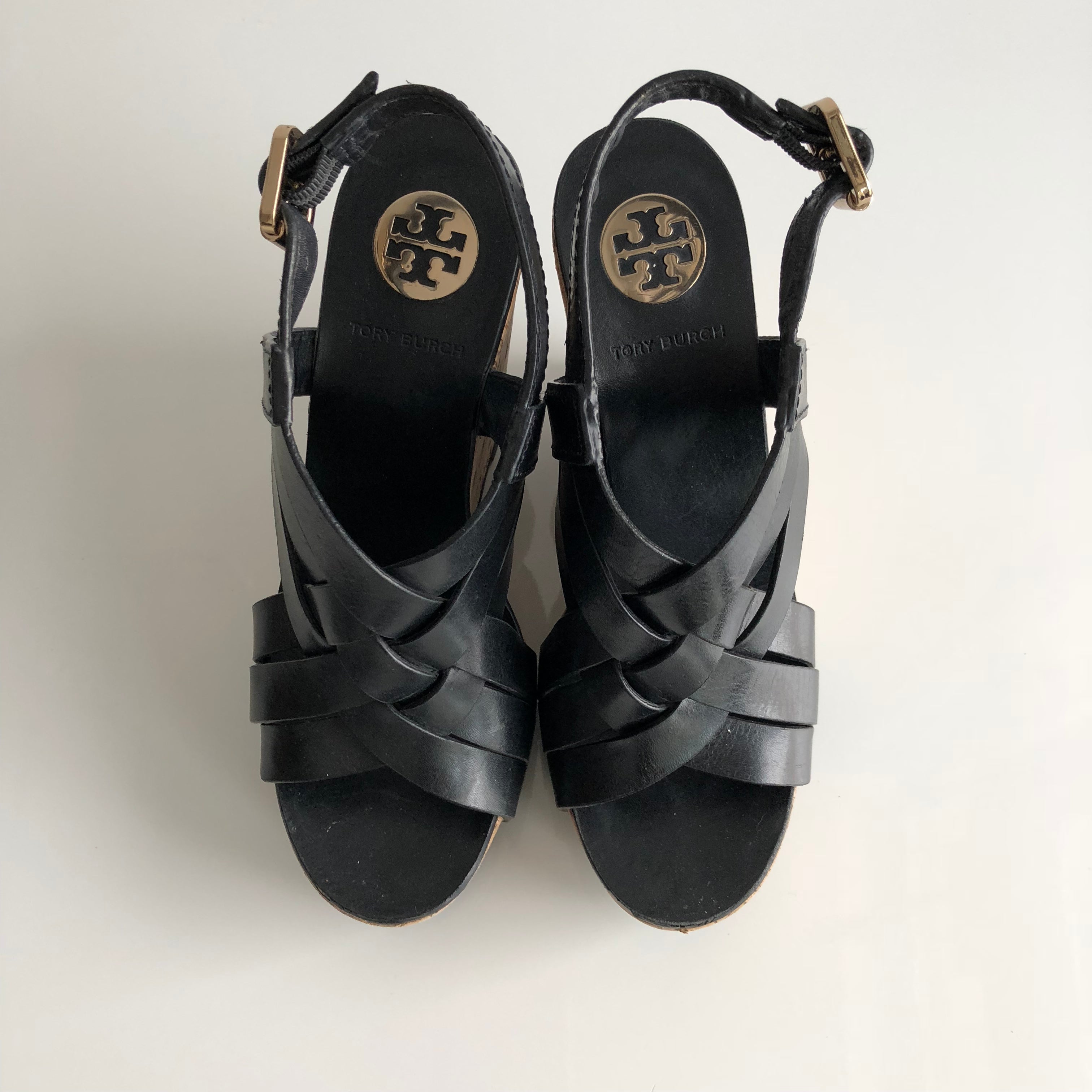 Authentic TORY BURCH Black Leather Wedges Size 7 – Valamode