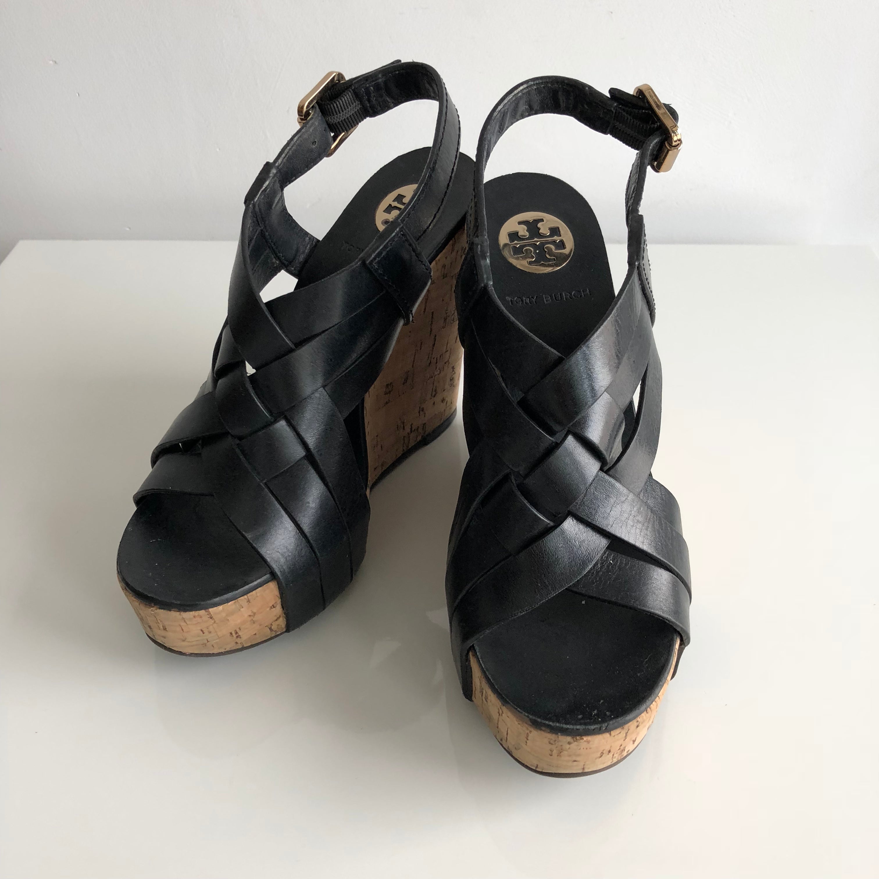 Authentic TORY BURCH Black Leather Wedges Size 7 – Valamode