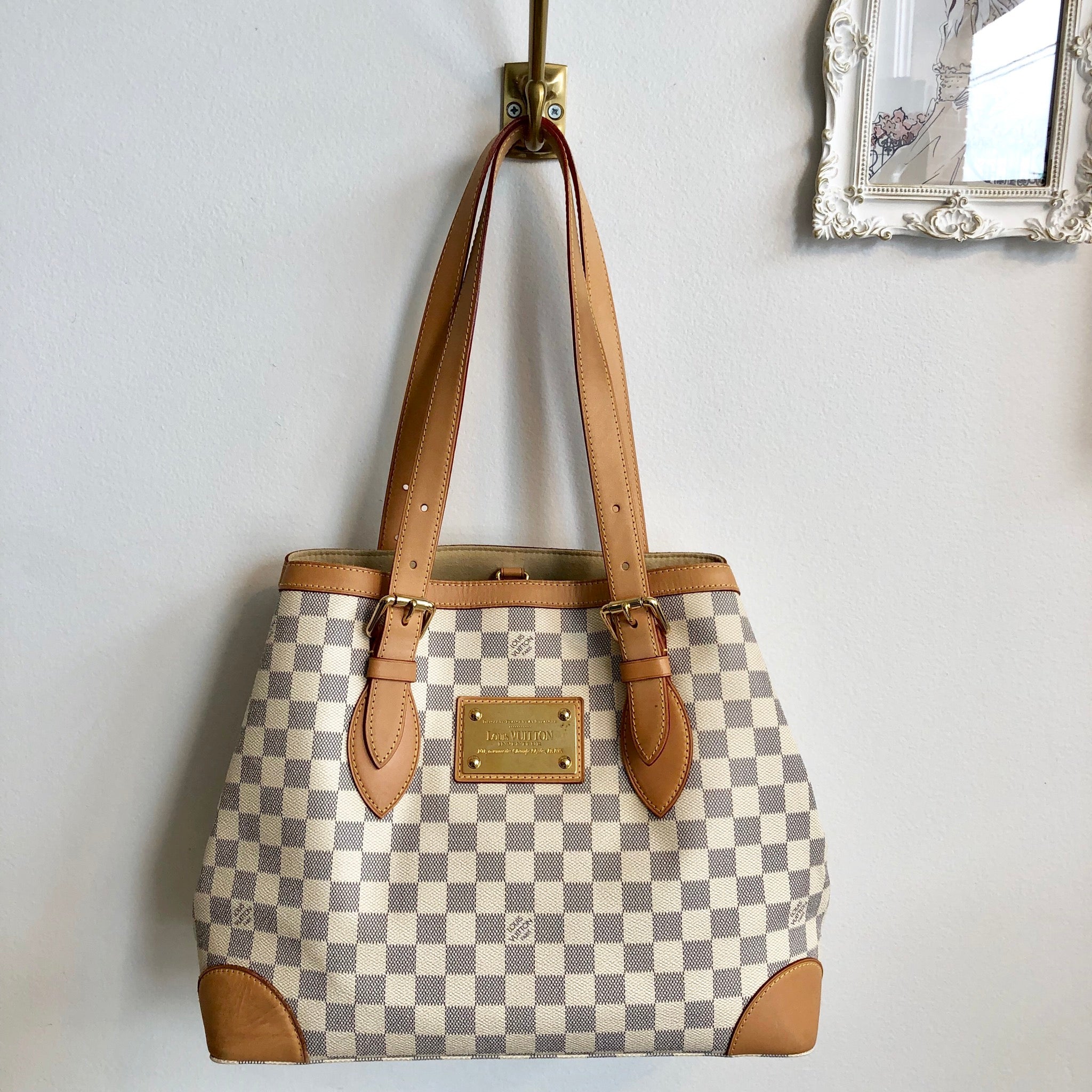 Louis Vuitton Pattern Print, White Damier Azur Hampstead mm