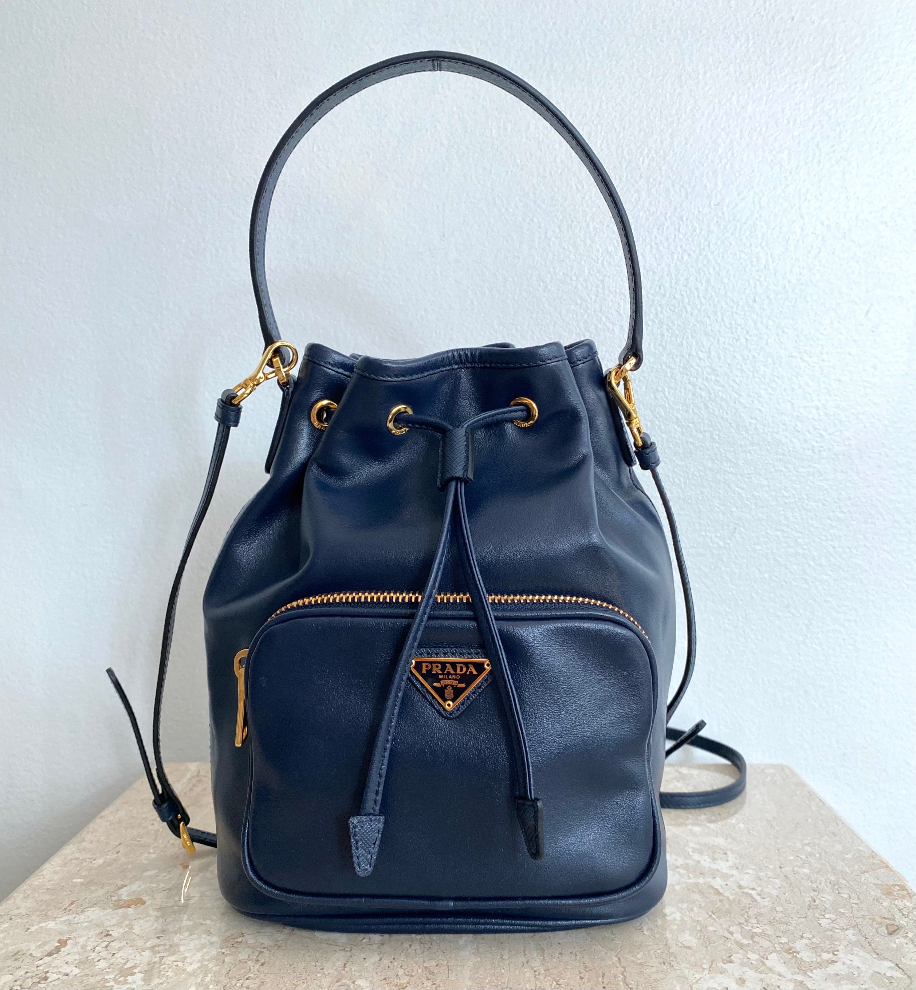 Authentic PRADA Duet Navy Leather Bucket Shoulder Bag – Valamode