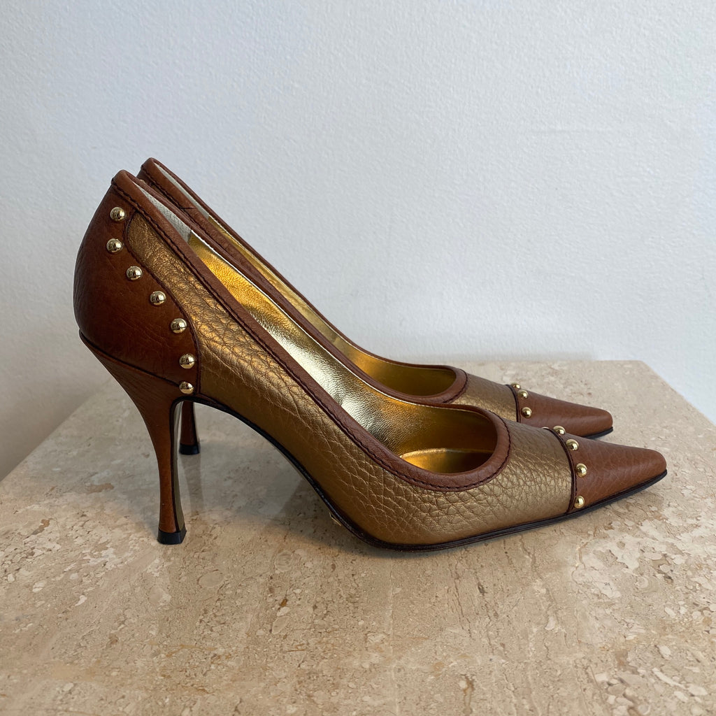 Authentic DOLCE & GABBANA Gold/Brown Studded Pumps - 7 – Valamode