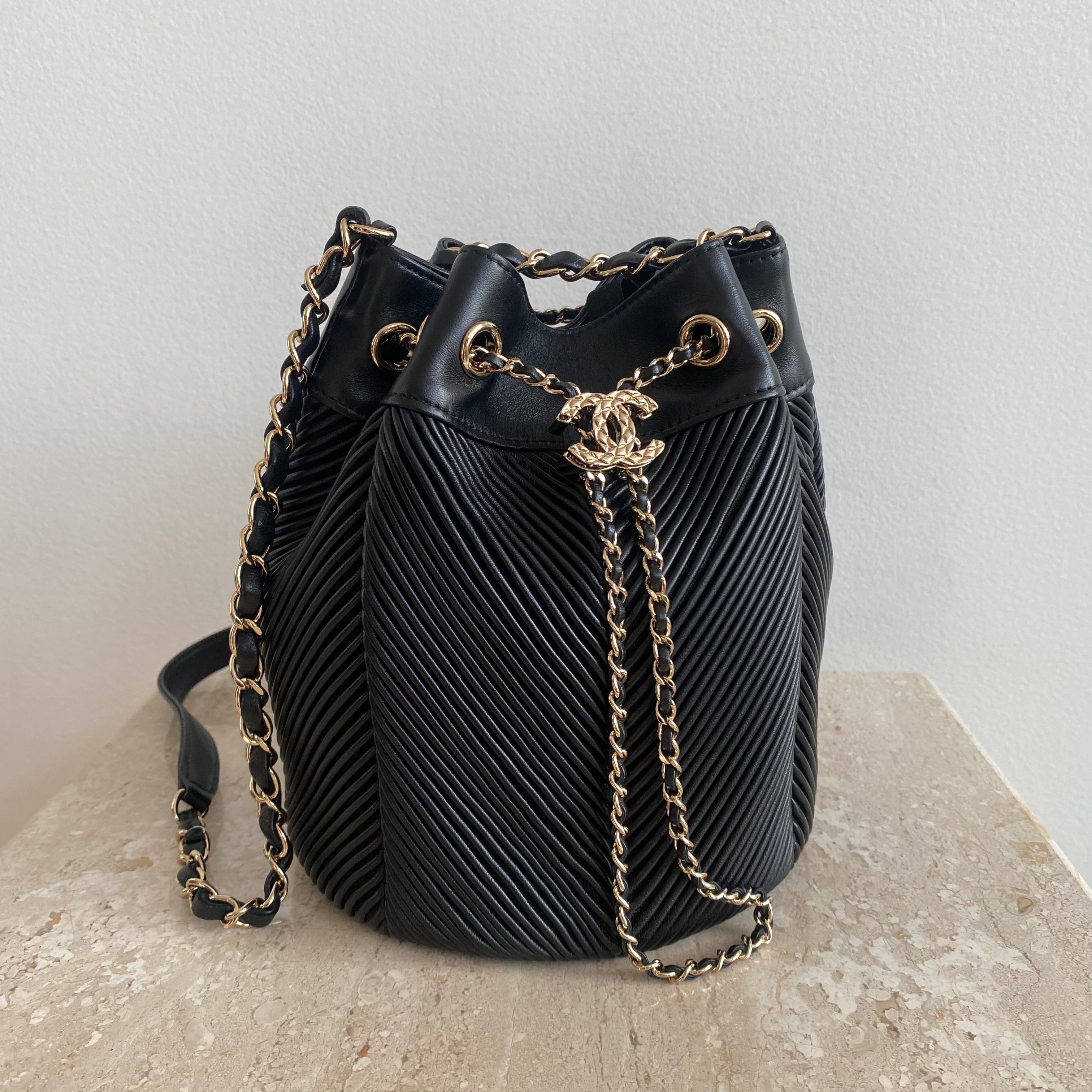 Chanel Vintage Drawstring Bucket Bag Quilted Lambskin Mini at 1stDibs