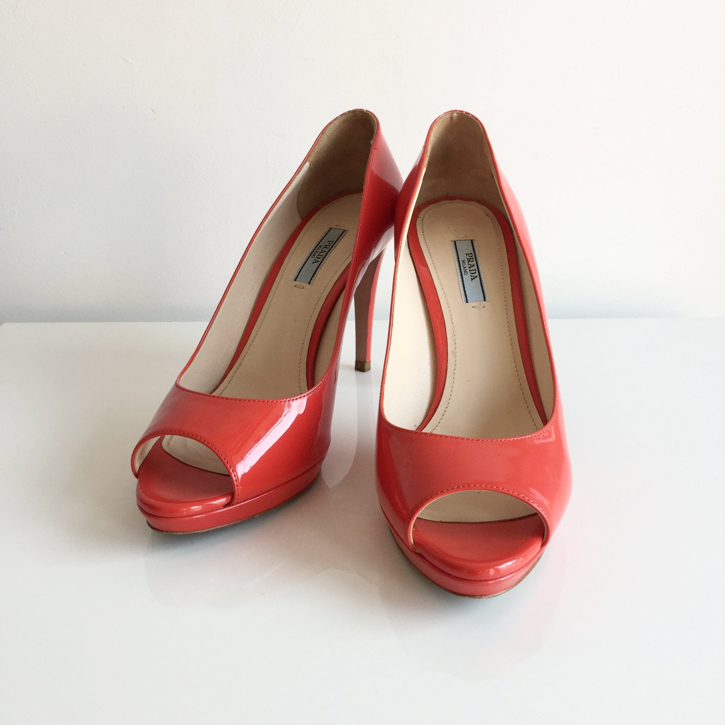 Authentic PRADA Patent Coral Open Toe Pumps Size 9 – Valamode