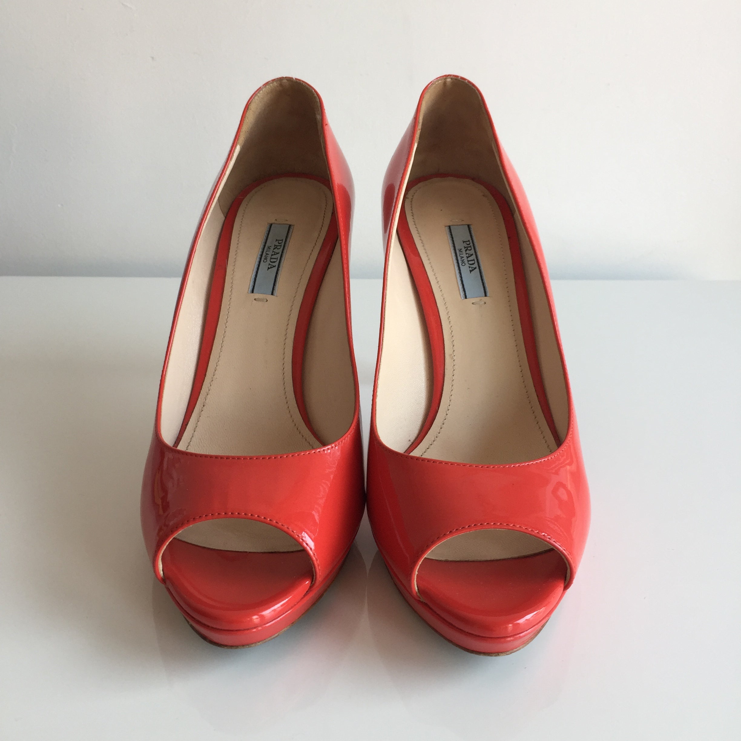 Authentic PRADA Patent Coral Open Toe Pumps Size 9 – Valamode