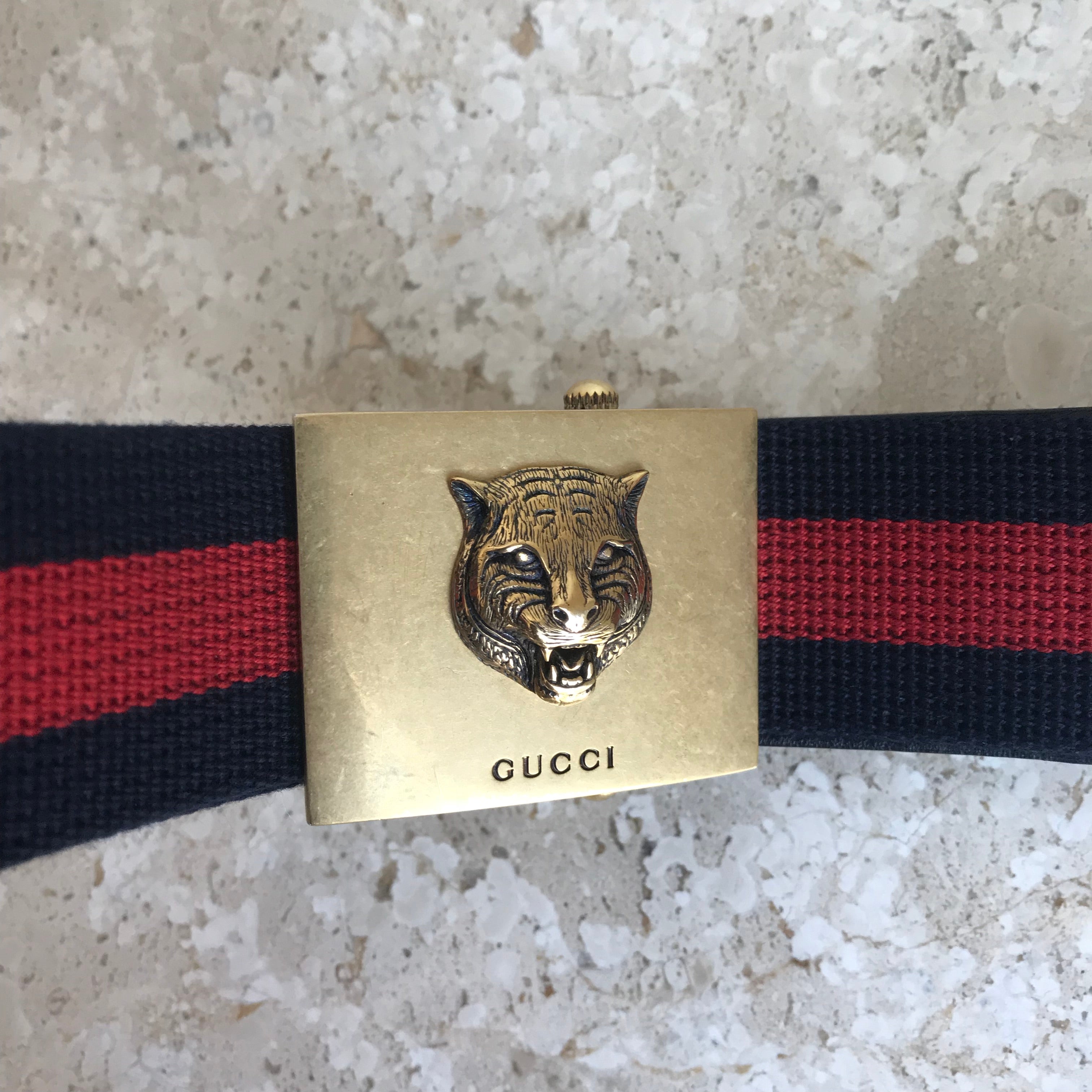 Authentic GUCCI Men's Lion Buckle Navy Web Stripe Belt Size: 95/38 –  Valamode