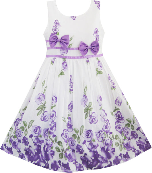 Girls Dress Purple Rose Flower Double Bow Tie Party – Sunny Fashion