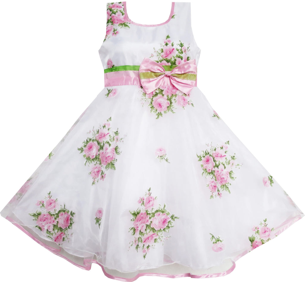 Girls Dress Pink Flower Wedding White Princess Unique Bow – Sunny Fashion