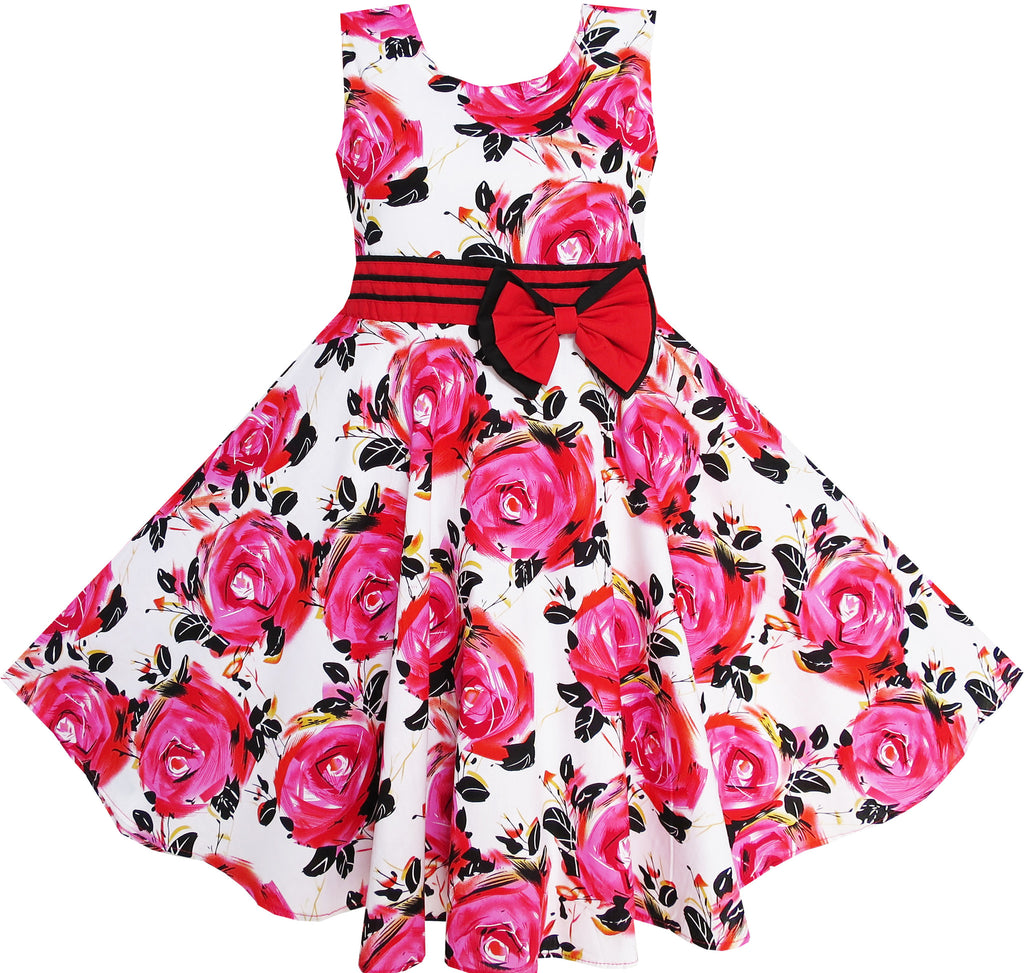 Girls Dress Red Rose Party Summer Cotton – Sunny Fashion