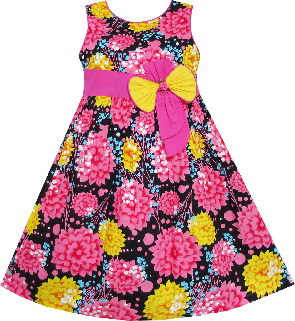 Girls Dress Pink Yellow Floral Bow Tie Party Beach – Sunny Fashion