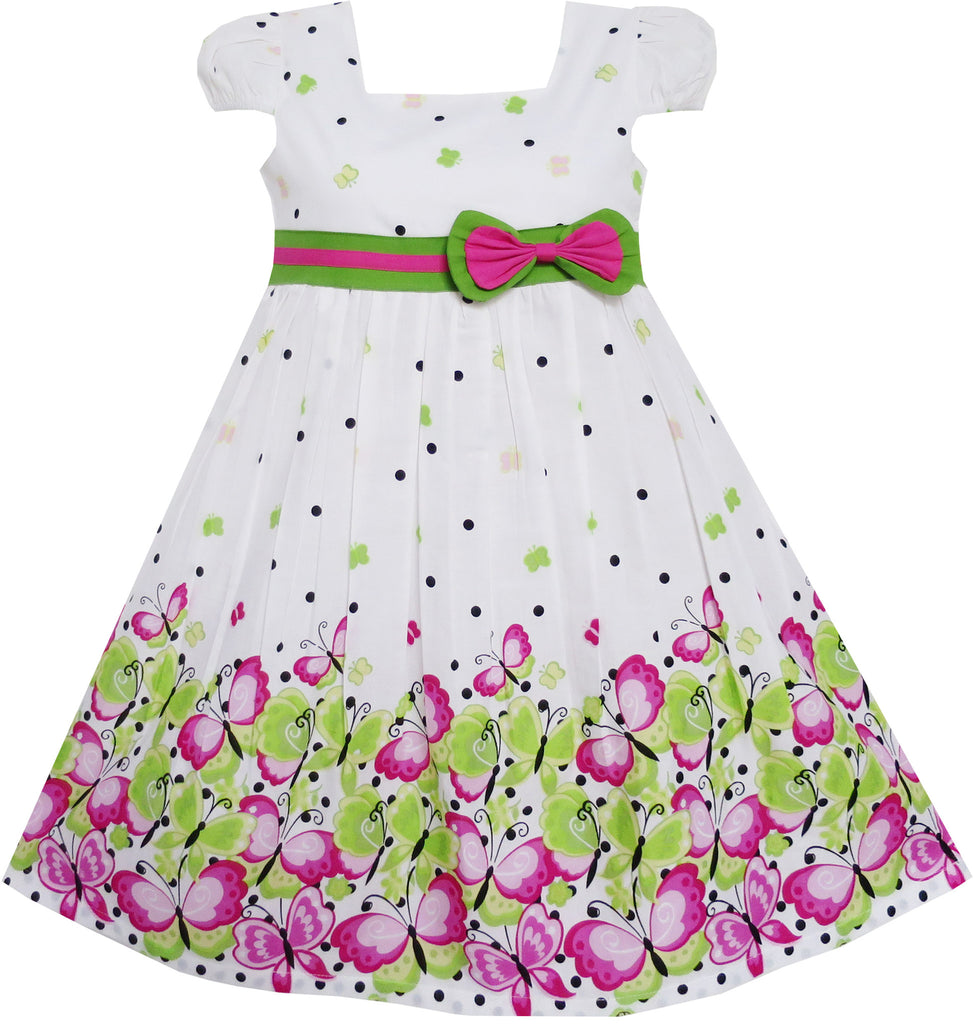 Girls Dress Butterfly Pink Green Dot Short Sleeve Back School – Sunny ...