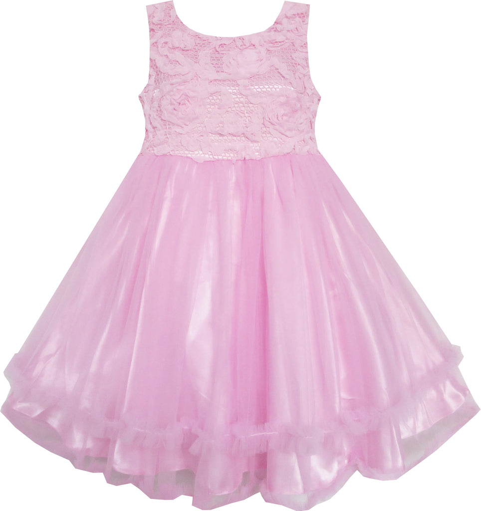 Girls Dress Pink Tulle Layers Embroidered Lace Pageant Wedding – Sunny ...