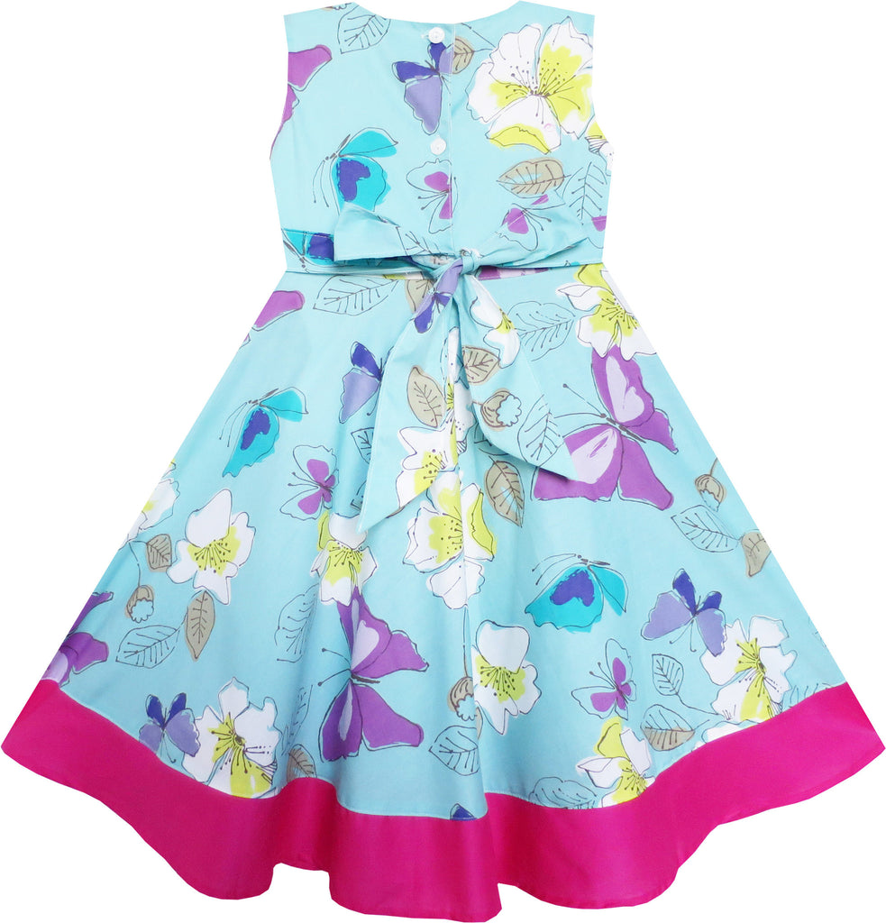 Girls Dress Bow Tie Butterfly Flower Print Blue – Sunny Fashion