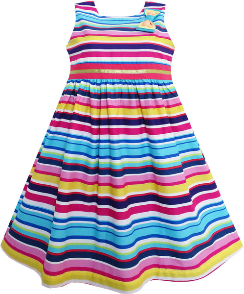 Girls Dress Bright Multi Colored Striped A-Line Cute Bow Tie – Sunny ...