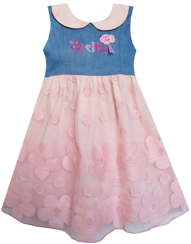 Girls Dress Pretty Print Pink Flower Tulle Lace Hemline Sunny Fashion