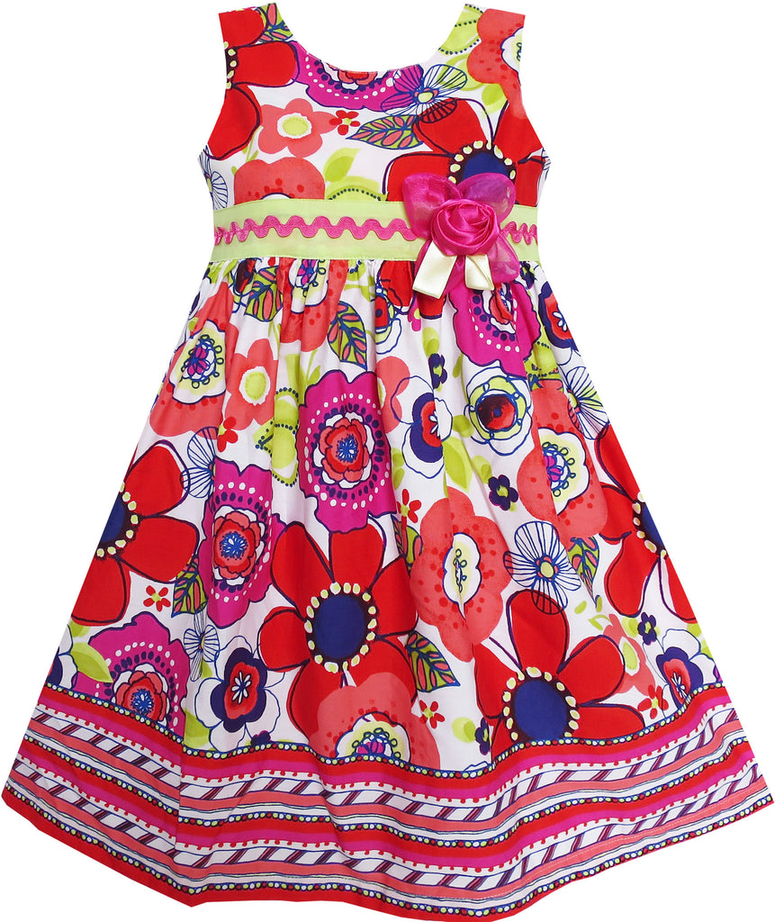 Girls Dress Red Flower Strip Hem Bow Tie Sleeveless – Sunny Fashion