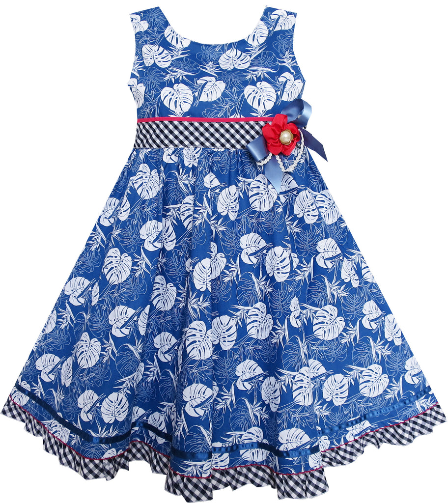 Girls Dress Blue Flower Plaid Waist Hem Sleeveless – Sunny Fashion