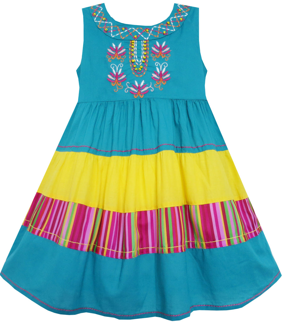 Girls Dress Colour Block Striped Embroidered Flower Blue – Sunny Fashion