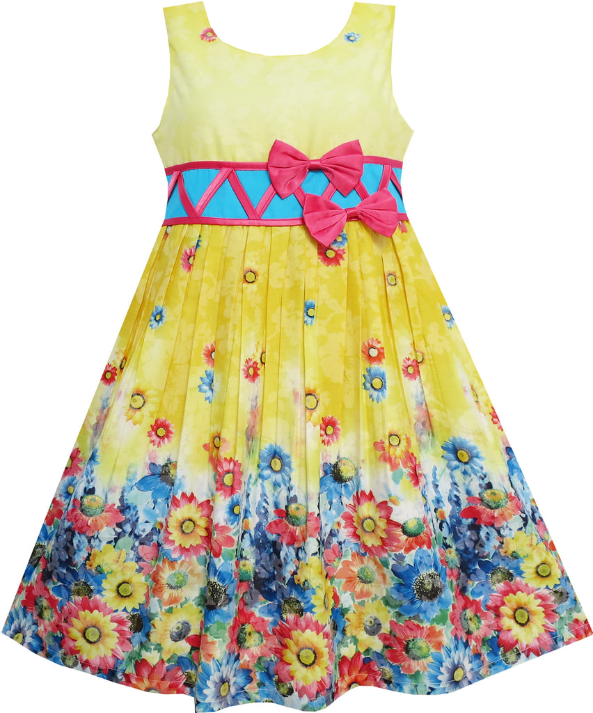 Girls Dress Sunflower Garden Flower Print Cotton Yellow – Sunny Fashion