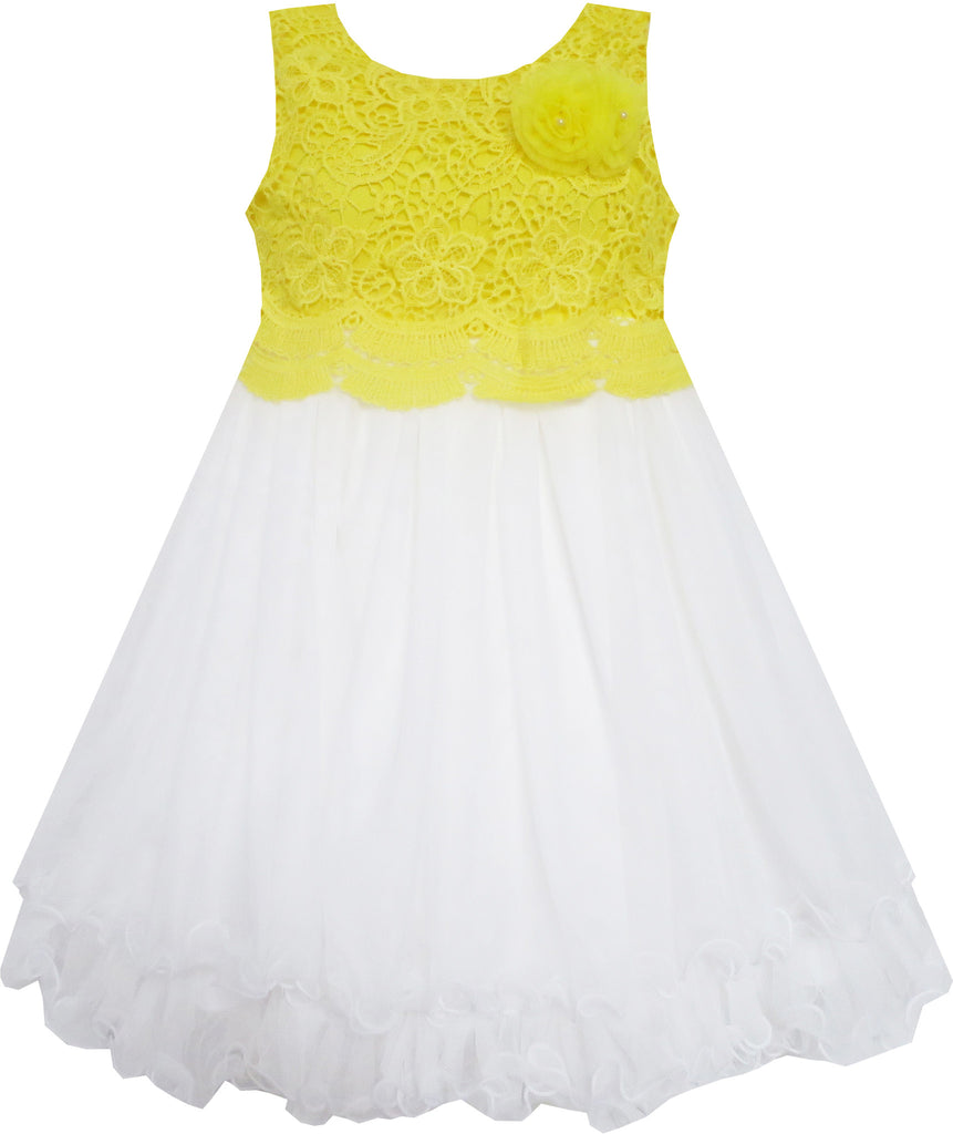 Girls Dress Lace Flower Bodice Sleeveless Tulle Yellow – Sunny Fashion