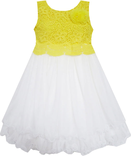Girls Dress Lace Flower Bodice Sleeveless Tulle Yellow – Sunny Fashion