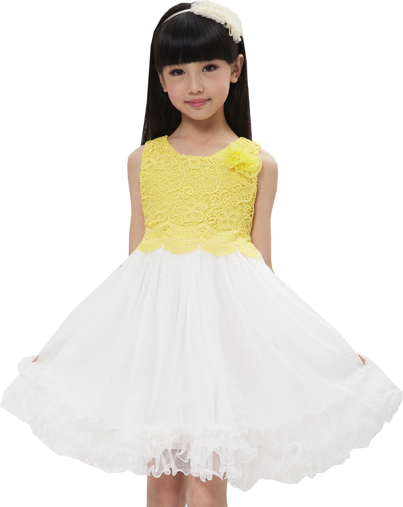 Girls Dress Lace Flower Bodice Sleeveless Tulle Yellow – Sunny Fashion