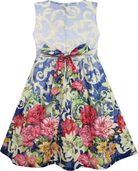 Girls Dress Sleeveless Blooming Flower Garden Print Blue – Sunny Fashion