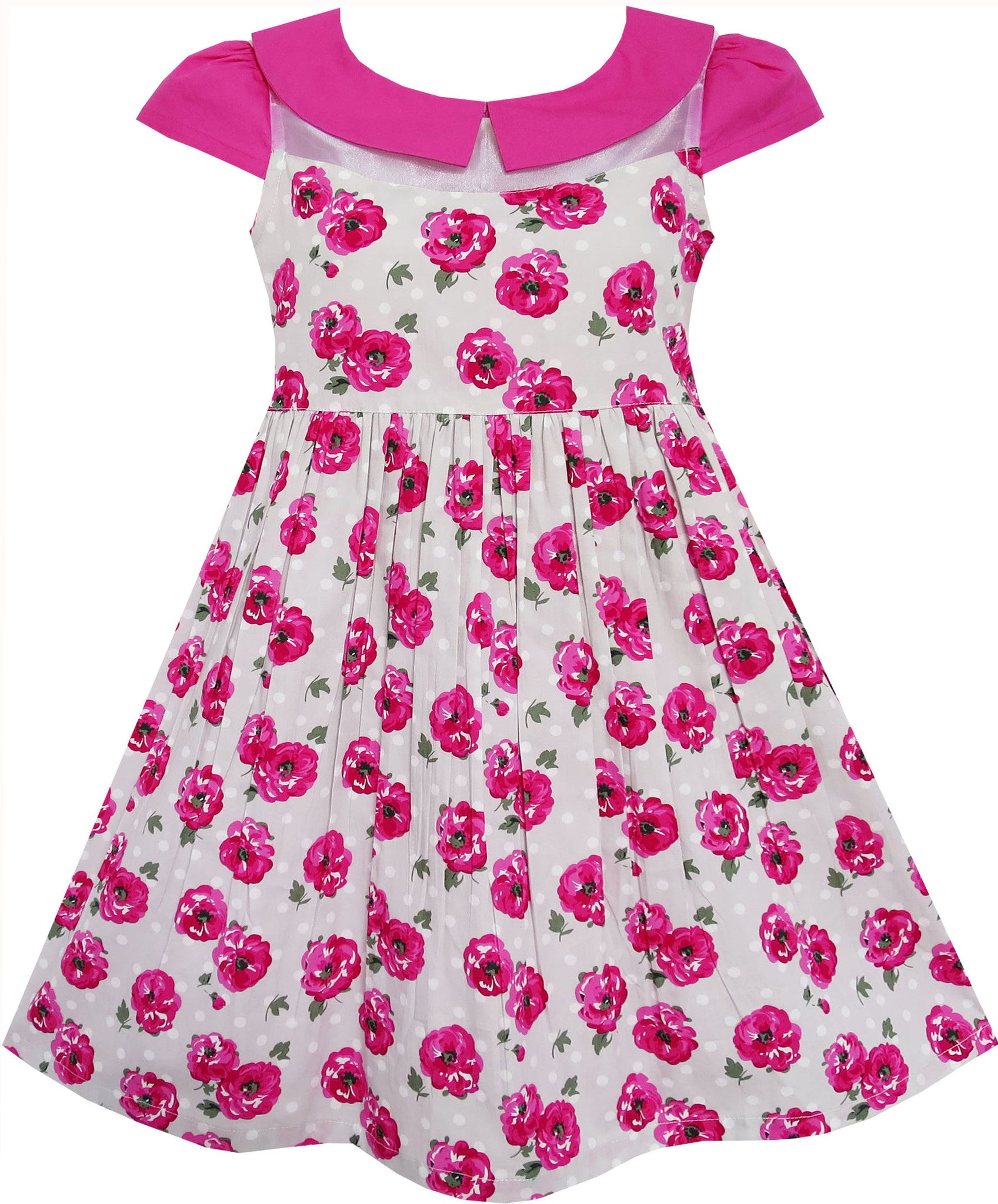 Girls Dress Bow Tie Pink Floral Turn-Down Collar And Trim – Sunny Fashion