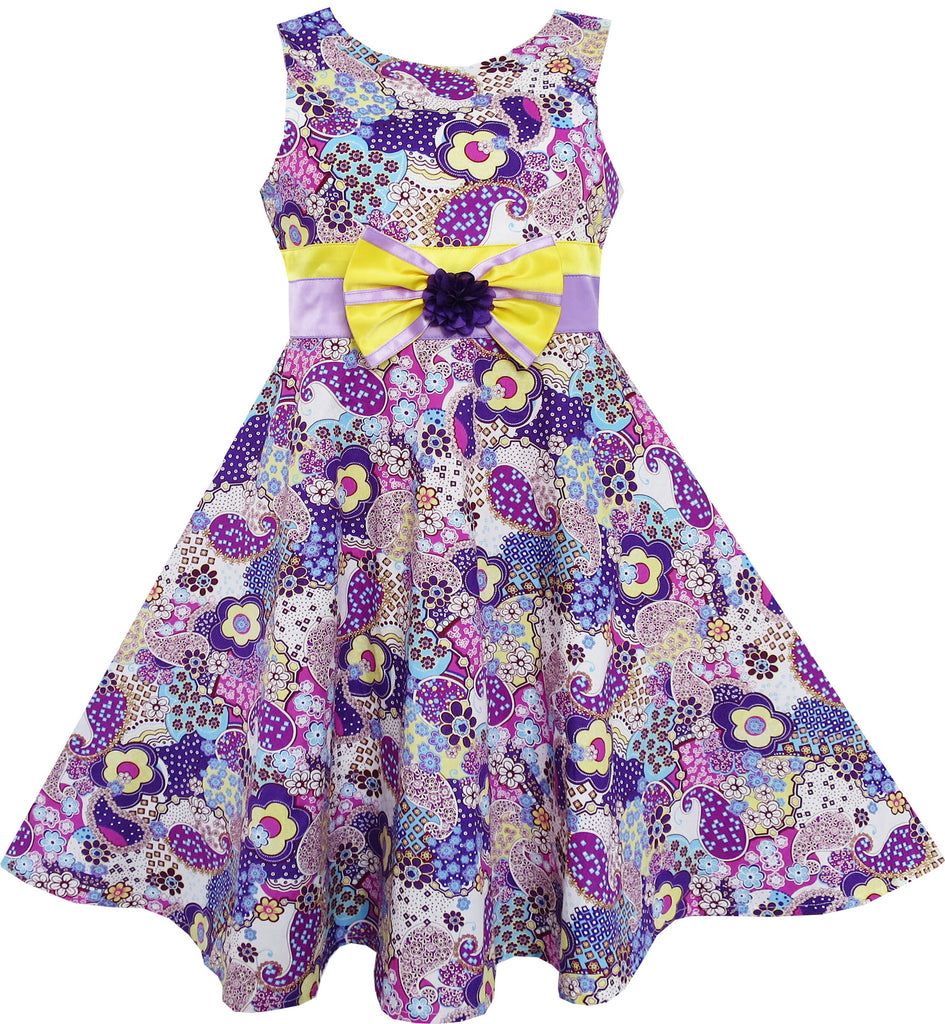 Girls Dress Sleeveless Paisley Flower Print Bow Tie Purple – Sunny Fashion