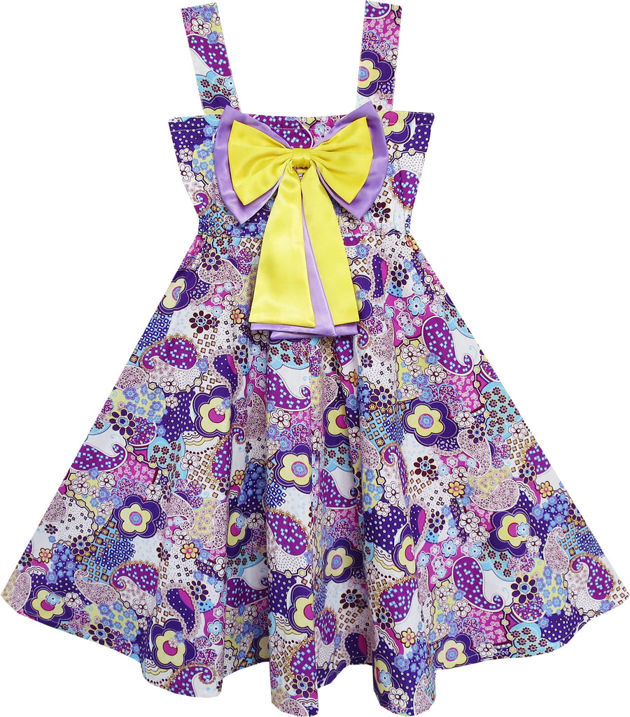 Girls Dress Sleeveless Paisley Flower Print Bow Tie Purple – Sunny Fashion