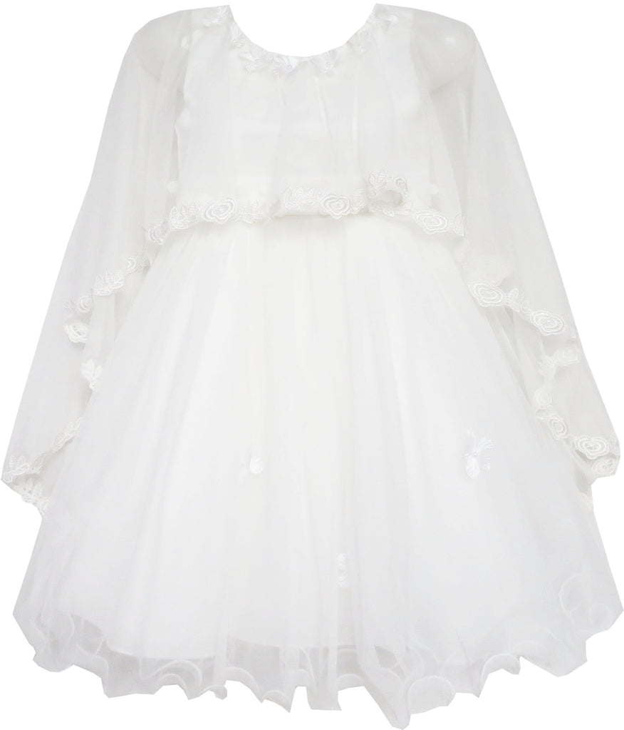 Girls Dress Wedding Flower Girl Lace Tulle With Shawl White – Sunny Fashion