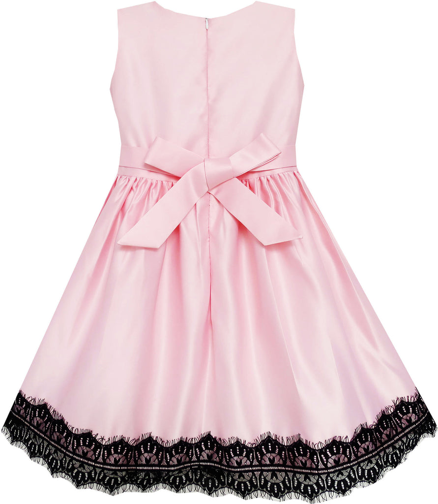 Girls Dress Satin Lace Trim Beading Wedding Shining Pink – Sunny Fashion