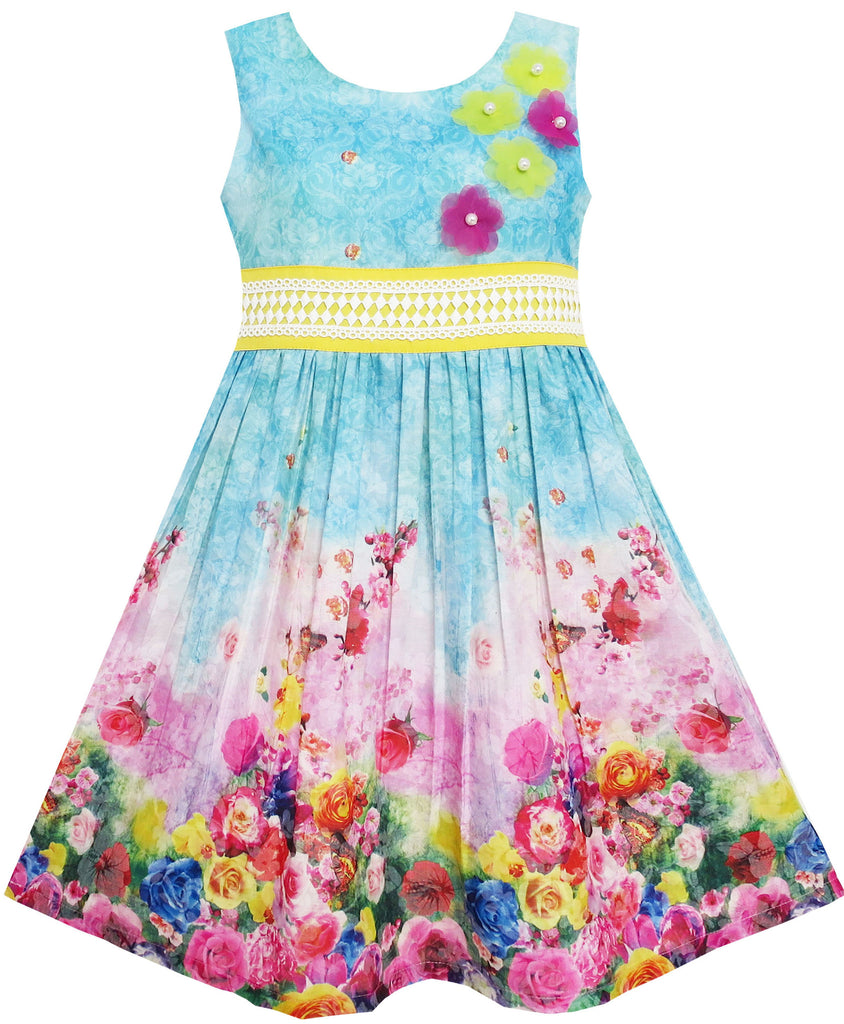 Girls Dress Blooming Rose Garden Flower Print Sleeveless Blue – Sunny ...