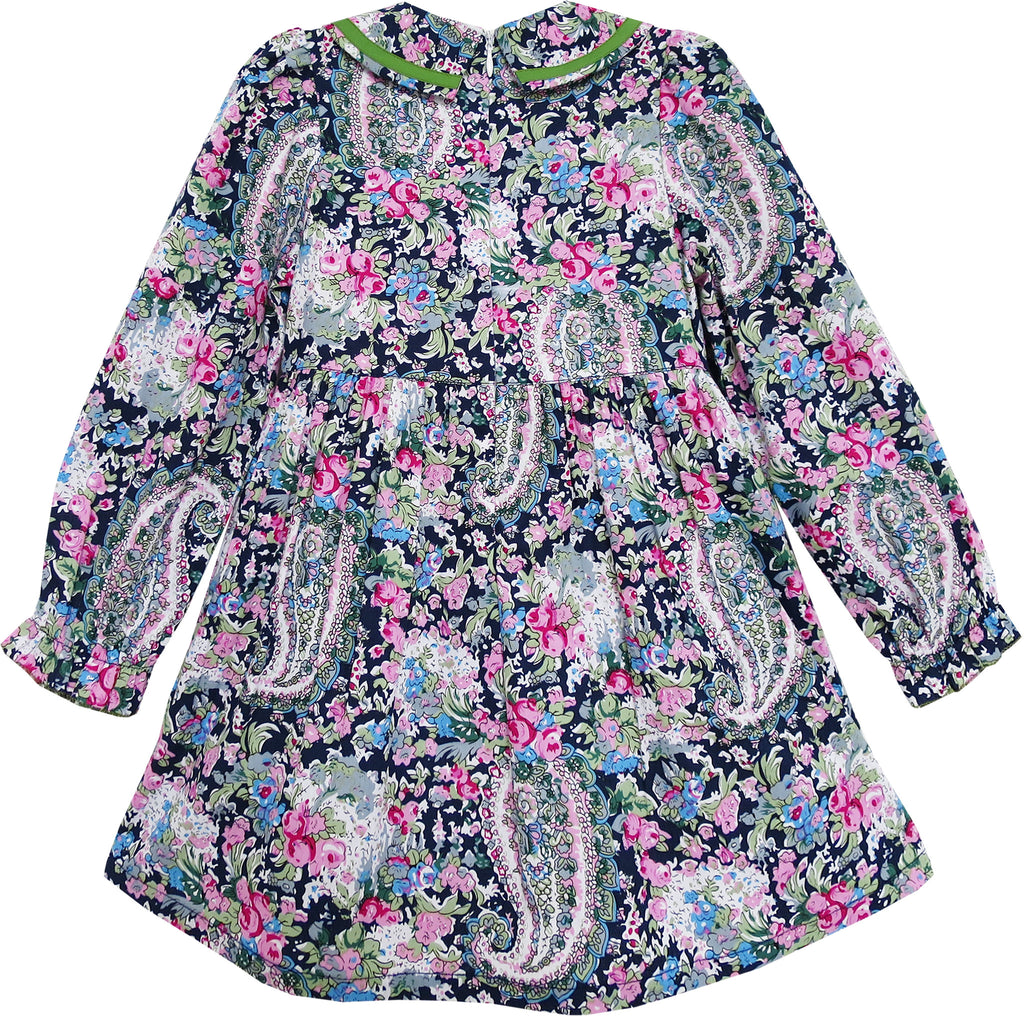 Girls Dress Turn-down Collar Paisley Flower Green – Sunny Fashion