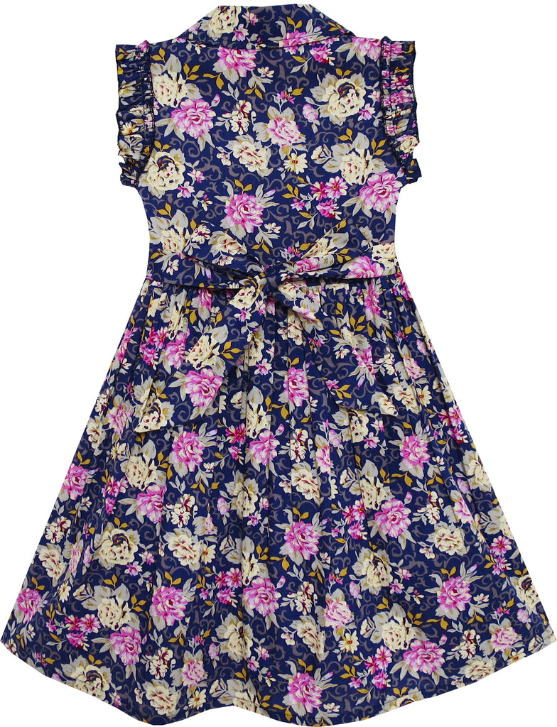 Girls Dress Turn-down Collar Button Front Flower Print – Sunny Fashion