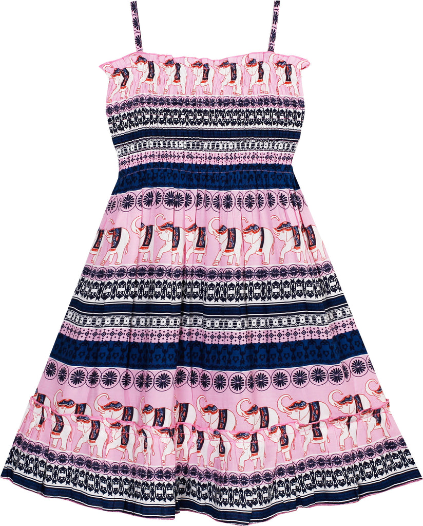 Girls Dress Smocked Halter Striped Elephant Print Pink – Sunny Fashion