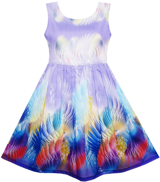 Girls Dress Sky Fantasy Colorful Angel Wings Feather Print – Sunny Fashion