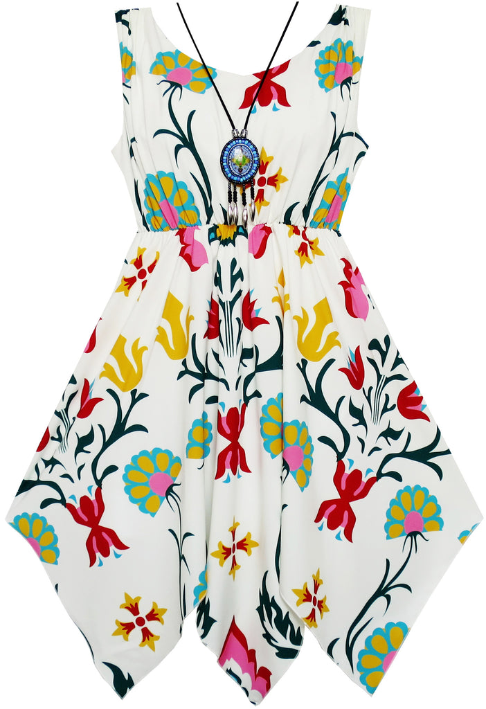 Girls Dress Flower Print Hanky Hem With Necklace – Sunny Fashion